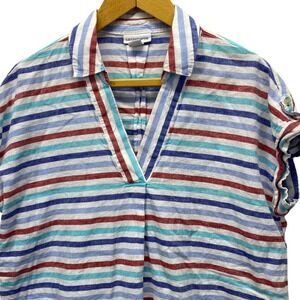 Liz Claiborne Striped Linen Cotton Blouse Womens L/G Red Blue V-Neck Cap Sleeve